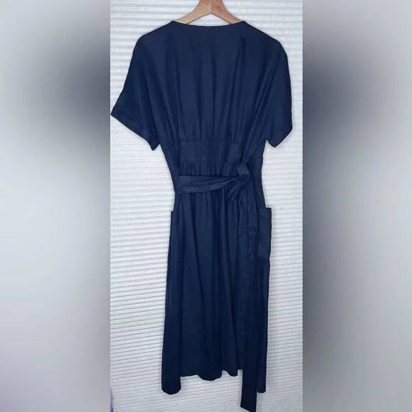 Grae Cove Frankie Linen Navy Blue Pocket V-neck Wrap Belted Midi Dress Large - Picture 4 of 10